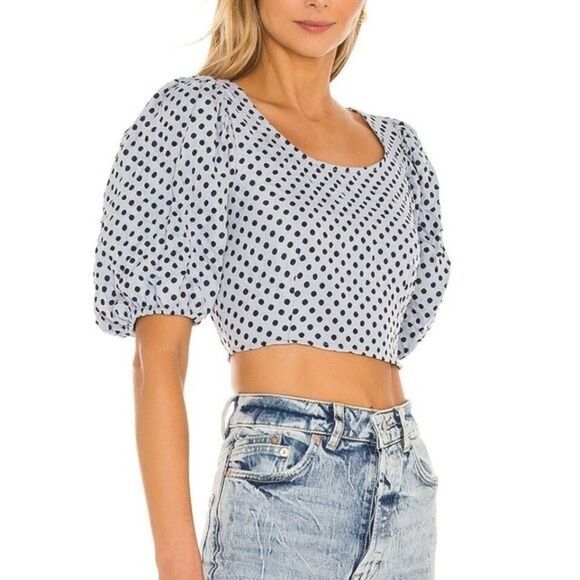 FREE PEOPLE Top Womens 2 Dusty Blue Polka Dot Puff Sleeve Blouse Cropped Shirt - Picture 9 of 12
